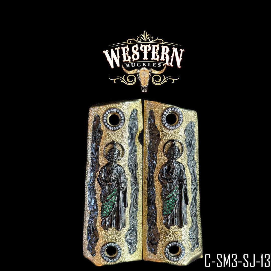 Decorative Colt 1911 pistol grips with San Judas design, gold and green accents, custom style
