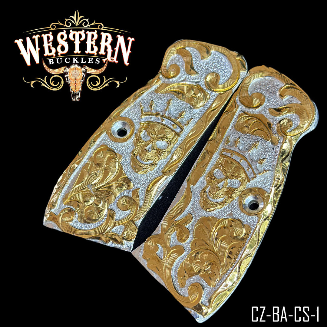 CZ 9mm Skull Cachas — Detail View | Western Buckles Handcrafted | SKU CZ-BA-CS-1