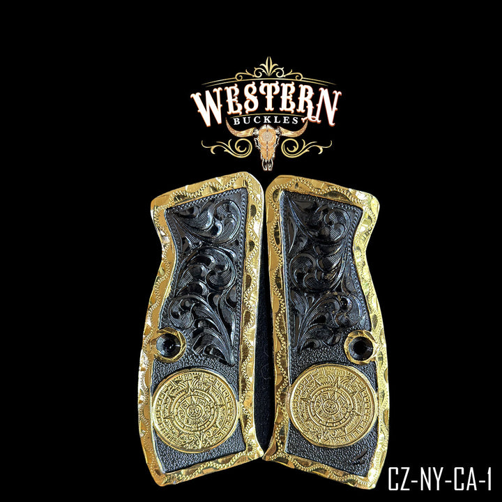 CZ 9mm Aztec Calendar Gun Grips — 24K Gold Plated | Handcrafted by Western Buckles | SKU CZ-NY-CA-1