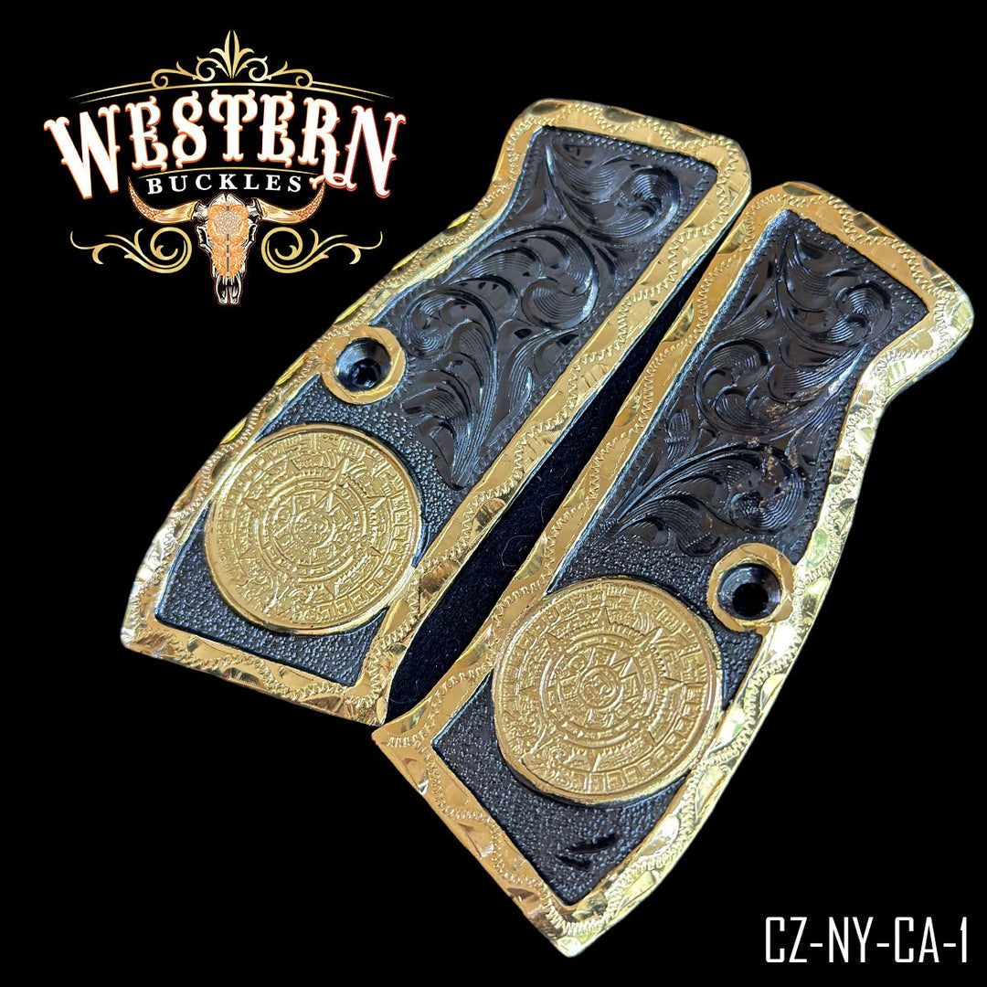 CZ 9mm Aztec Calendar Gun Grips — 24K Gold Plated — Detail View | Western Buckles Handcrafted | SKU CZ-NY-CA-1