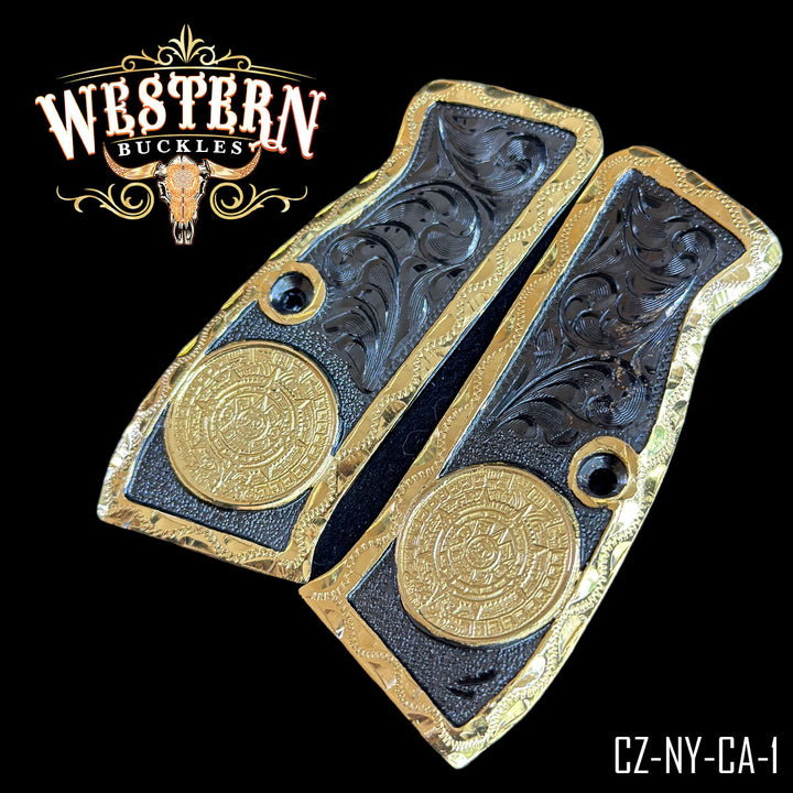 CZ 9mm Aztec Calendar Gun Grips — 24K Gold Plated — Detail View | Western Buckles Handcrafted | SKU CZ-NY-CA-1