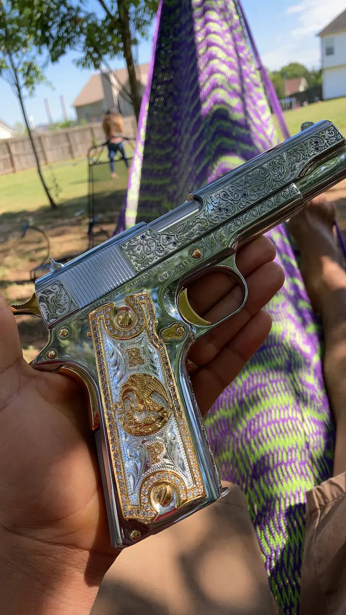 Fullsize 1911 Colt Zircoins and Gold Engraved Grips-The Western Buckles