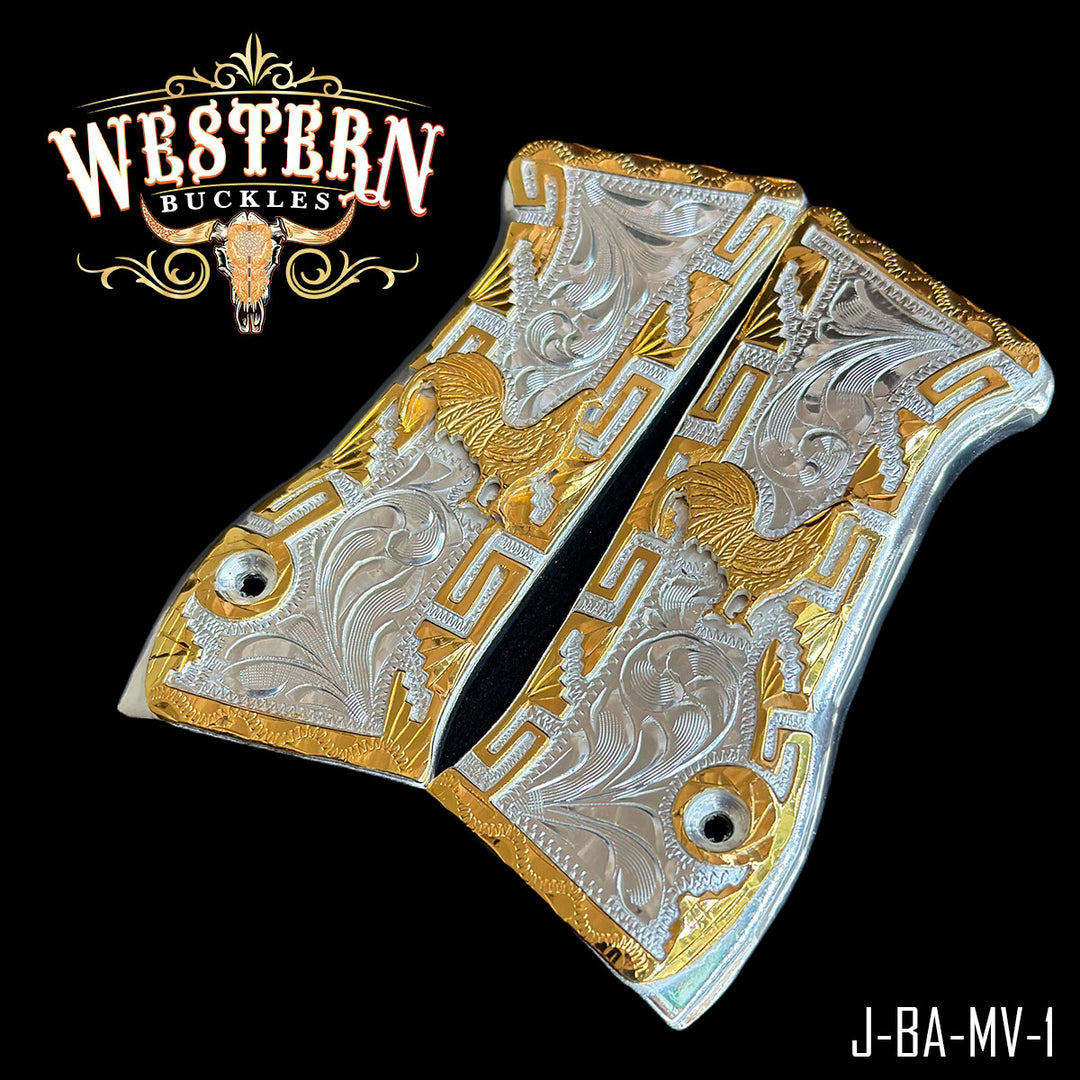 Rooster Cachas — 24K Gold Plated &amp; .925 Silver Plated — Detail View | Western Buckles Handcrafted | SKU J-BA-MV-1