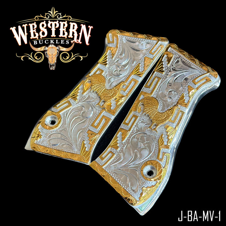 Rooster Cachas — 24K Gold Plated &amp; .925 Silver Plated — Detail View | Western Buckles Handcrafted | SKU J-BA-MV-1