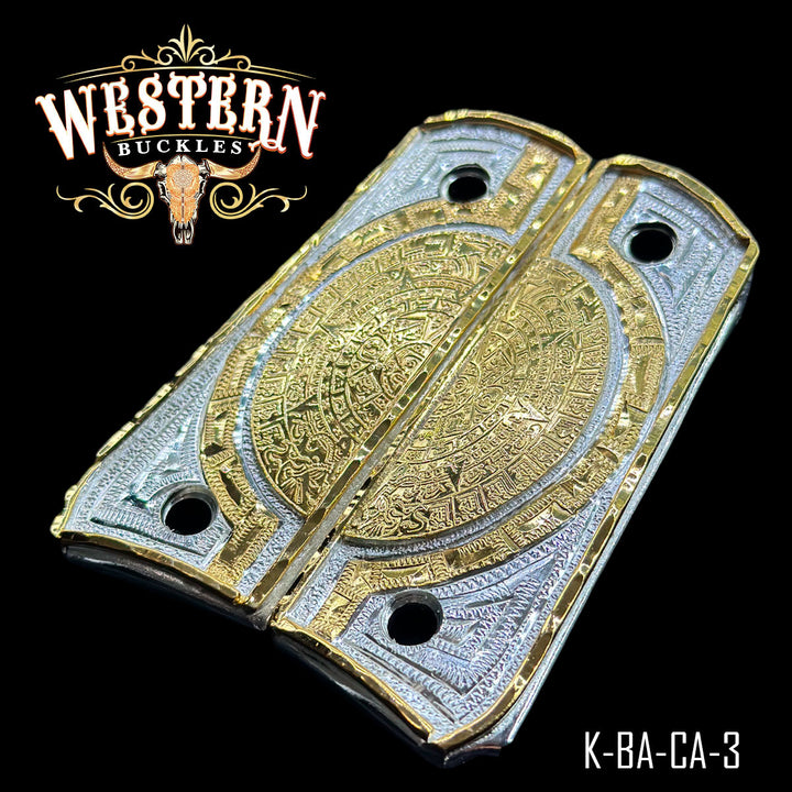 Colt 1911 Aztec Calendar Cachas — Detail View | Western Buckles Handcrafted | SKU K-BA-CA-3