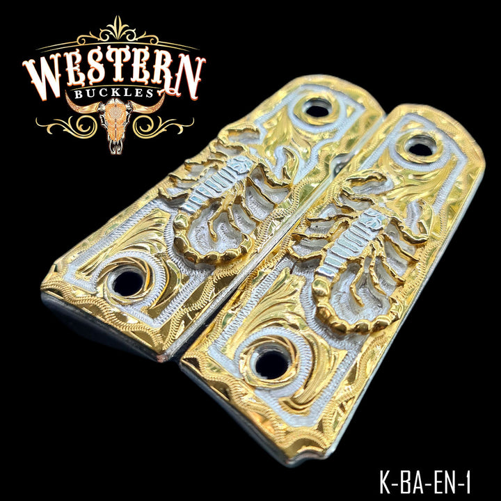 Colt 1911 Gun Grips — Hand-Engraved — Detail View | Western Buckles Handcrafted | SKU K-BA-EN-1