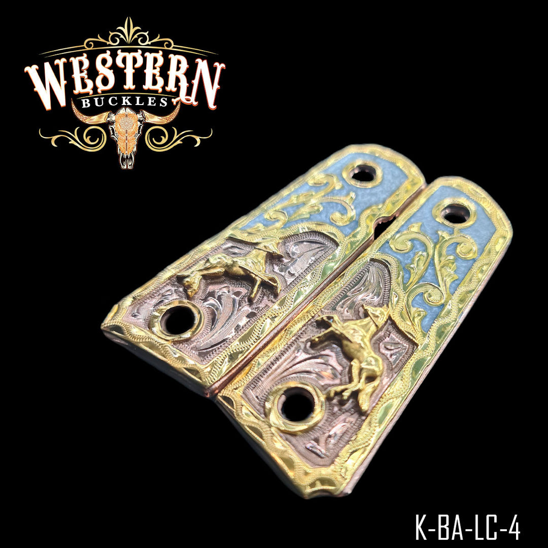 Colt 1911 Horse Cachas — Hand-Engraved — Detail View | Western Buckles Handcrafted | SKU K-BA-LC-4