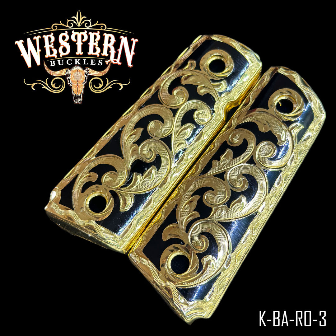 Colt 1911 Cachas — Hand-Engraved — Detail View | Western Buckles Handcrafted | SKU K-BA-RO-3