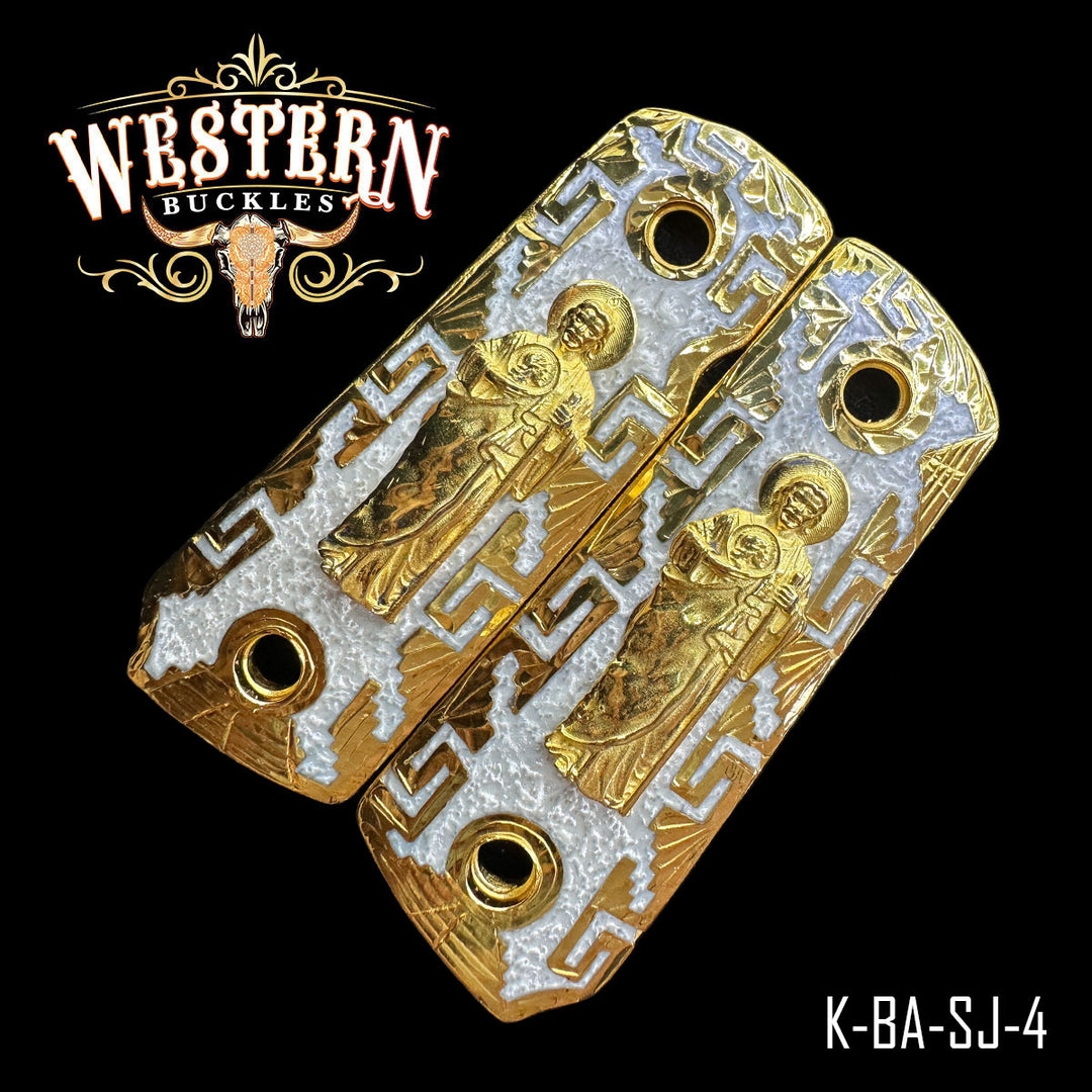 Colt 1911 San Judas Cachas — Detail View | Western Buckles Handcrafted | SKU K-BA-SJ-4