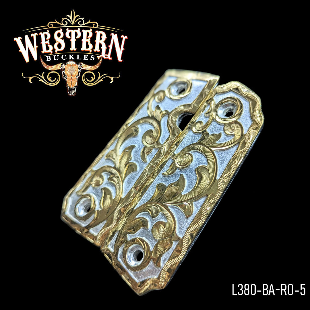 Llama Gun Grips — Hand-Engraved | 24K Gold Plated &amp; .925 Silver Plated — Detail View | Western Buckles Handcrafted | SKU L380-BA-RO-5