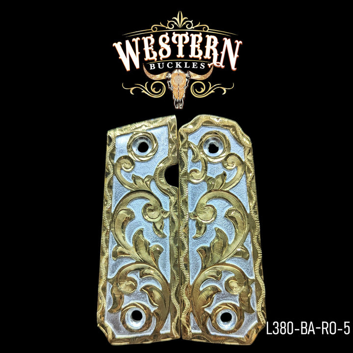 Llama Gun Grips — Hand-Engraved | 24K Gold Plated &amp; .925 Silver Plated | Handcrafted by Western Buckles | SKU L380-BA-RO-5