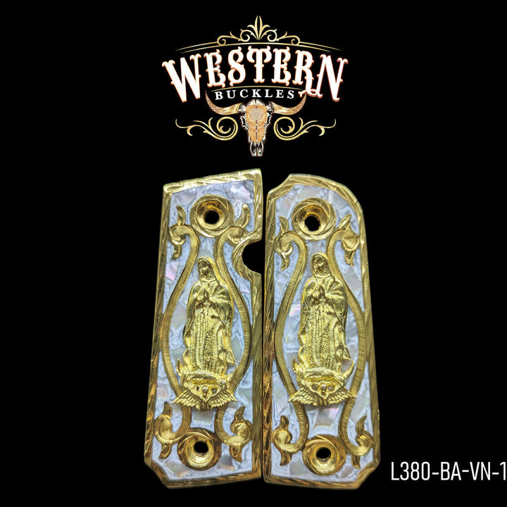 Llama Virgin of Guadalupe Gun Grips — Artisan Resin | 24K Gold Plated | Handcrafted by Western Buckles | SKU L380-BA-VN-1