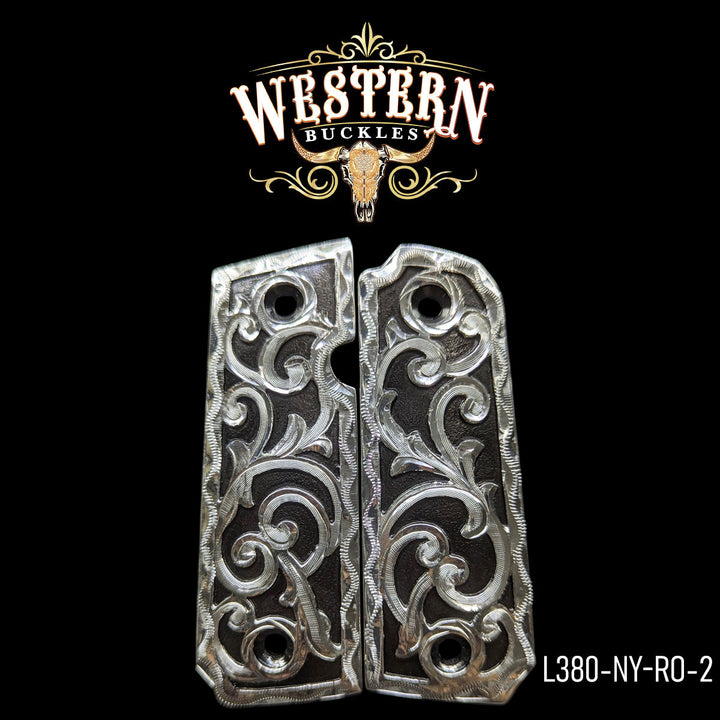 Llama Gun Grips — Hand-Engraved | .925 Silver Plated &amp; Black Nickel | Handcrafted by Western Buckles | SKU L380-NY-RO-2