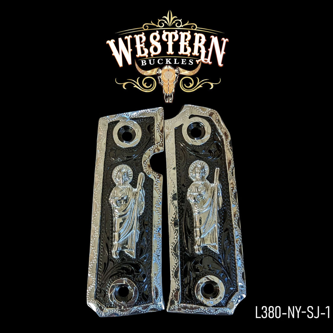 Llama San Judas Gun Grips — Hand-Engraved | .925 Silver Plated & Nickel | Handcrafted by Western Buckles | SKU L380-NY-SJ-1