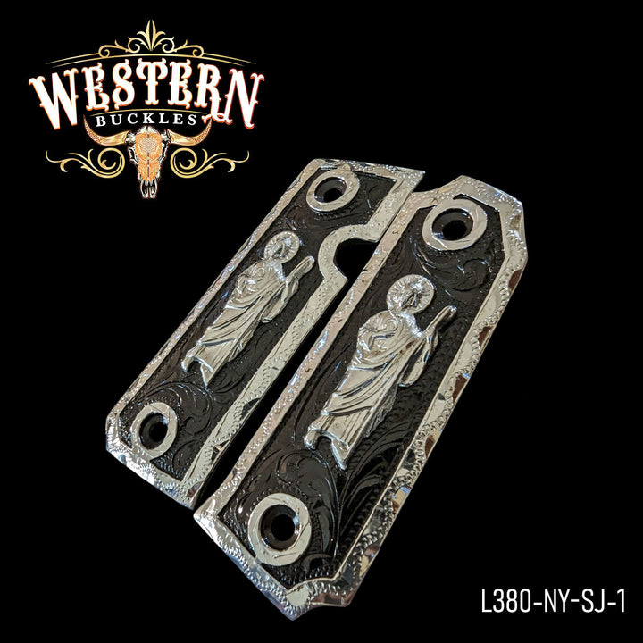 Llama San Judas Gun Grips — Hand-Engraved | .925 Silver Plated &amp; Nickel — Detail View | Western Buckles Handcrafted | SKU L380-NY-SJ-1