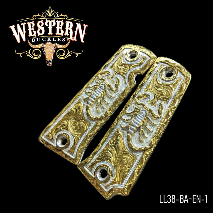 Llama Scorpion Cachas — 24K Gold Plated — Detail View | Western Buckles Handcrafted | SKU LL38-BA-EN-1