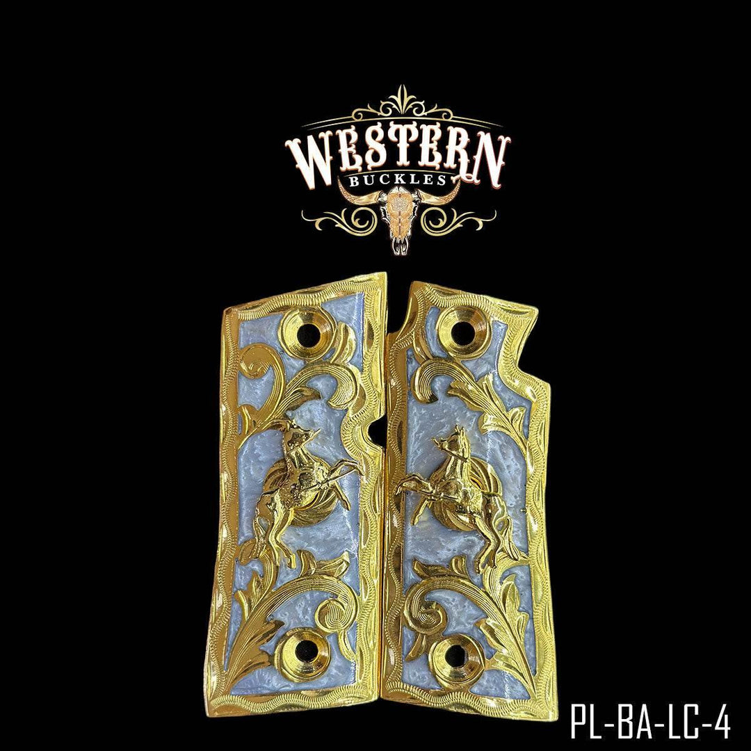 Ornate gold and silver 1911 pistol grips with cowboy and horse design on black background