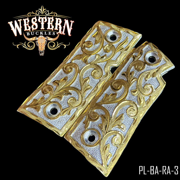 Colt 1911 Cachas — Hand-Engraved — Detail View | Western Buckles Handcrafted | SKU PL-BA-RA-3