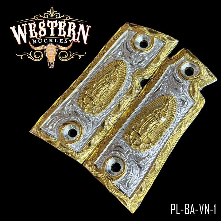 Colt 1911 Virgin of Guadalupe Cachas — Detail View | Western Buckles Handcrafted | SKU PL-BA-VN-1