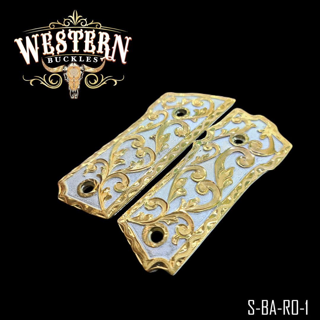 Smith &amp; Wesson Cachas — Hand-Engraved — Detail View | Western Buckles Handcrafted | SKU S-BA-RO-1