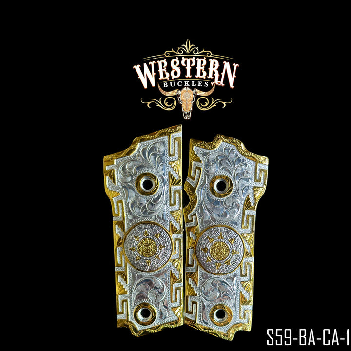 Aztec Calendar Gun Grips — 24K Gold Plated | Handcrafted by Western Buckles | SKU S59-BA-CA-1