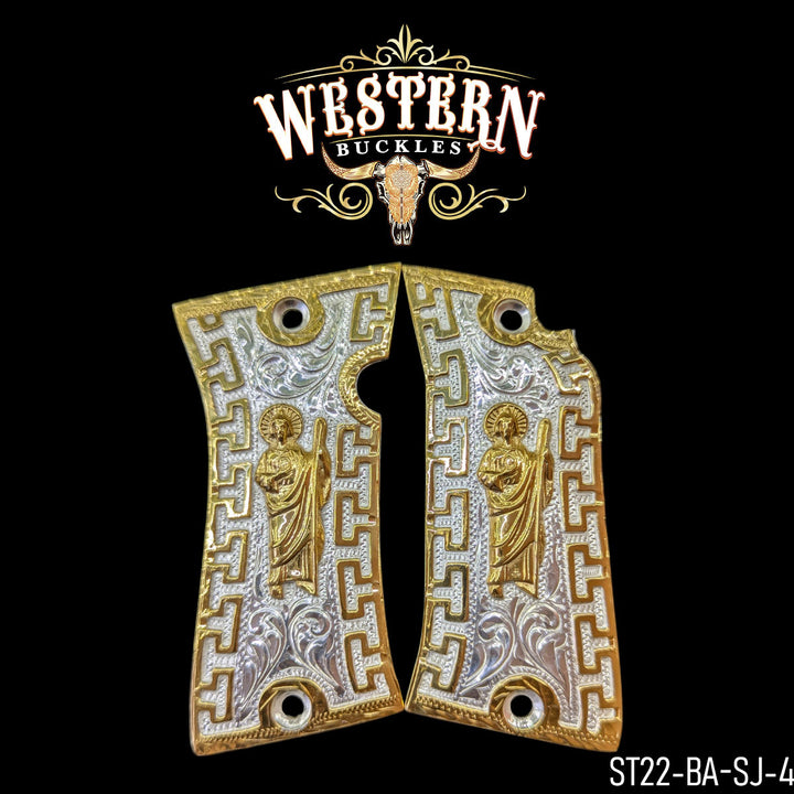 Star San Judas Gun Grips — Hand-Engraved | 24K Gold Plated | Handcrafted by Western Buckles | SKU ST22-BA-SJ-4