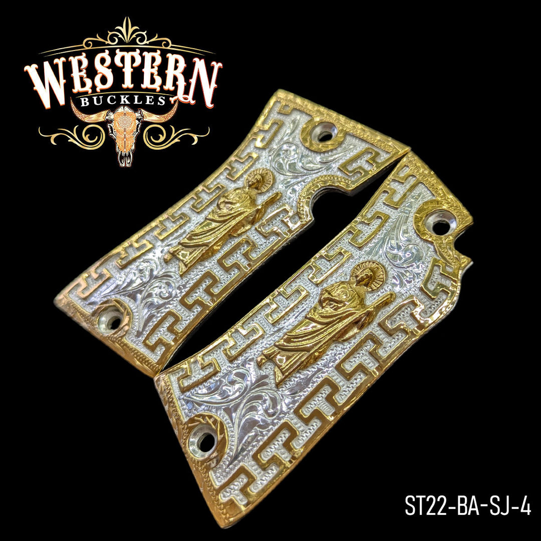 Star San Judas Gun Grips — Hand-Engraved | 24K Gold Plated — Detail View | Western Buckles Handcrafted | SKU ST22-BA-SJ-4