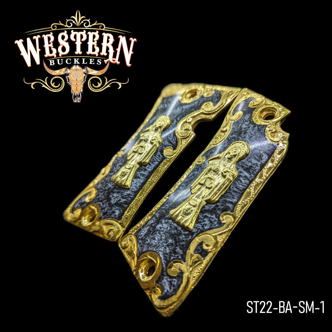 Star Santa Muerte Gun Grips — Artisan Resin | 24K Gold Plated — Detail View | Western Buckles Handcrafted | SKU ST22-BA-SM-1