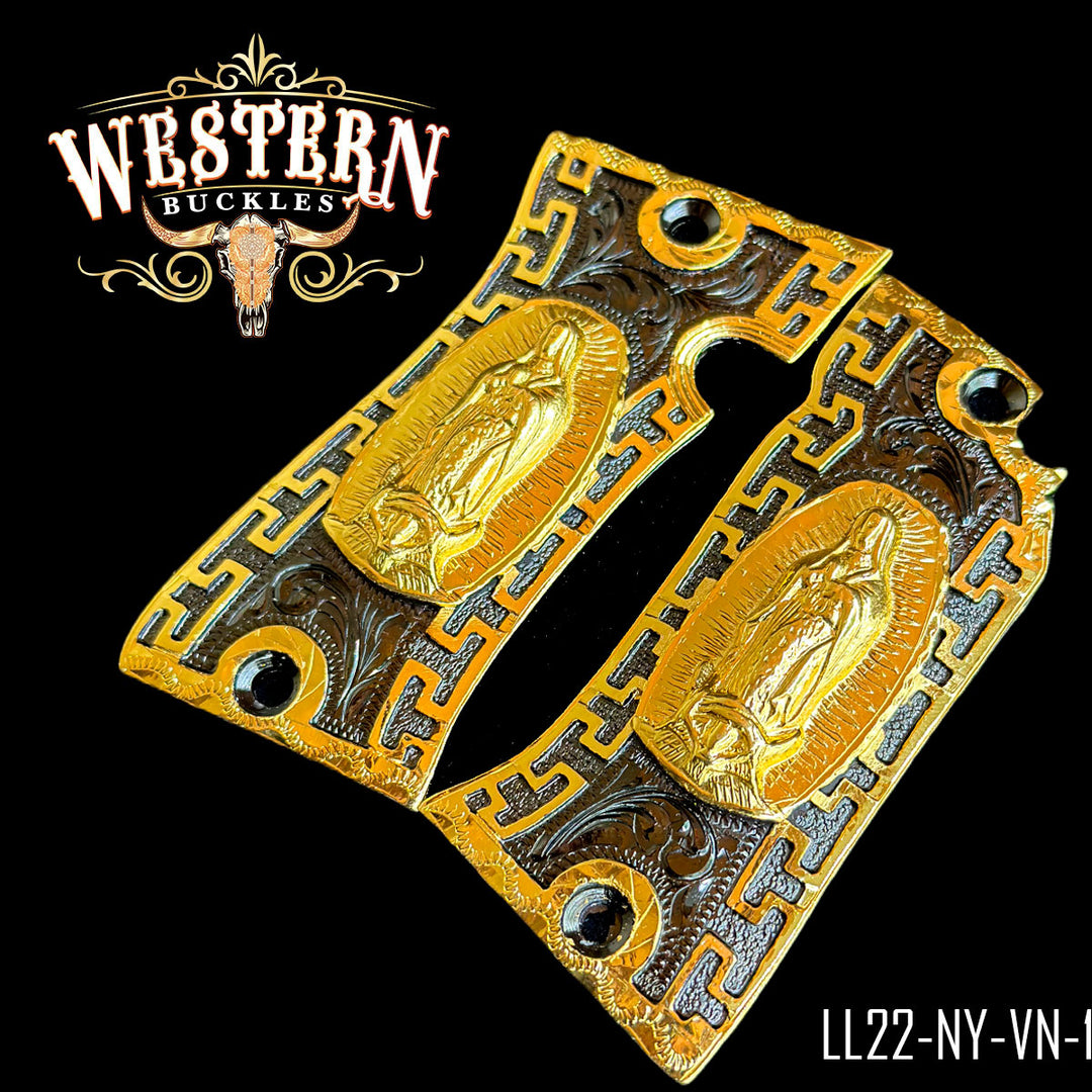 Star Virgin of Guadalupe Gun Grips — Detail View | Western Buckles Handcrafted | SKU ST22-NY-VN-1