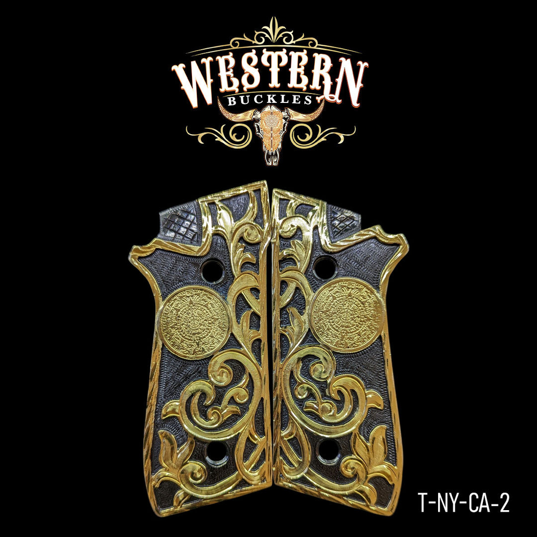 Taurus Aztec Calendar Cachas — Hand-Engraved | 24K Gold Plated & Nickel | Handcrafted by Western Buckles | SKU T-NY-CA-2