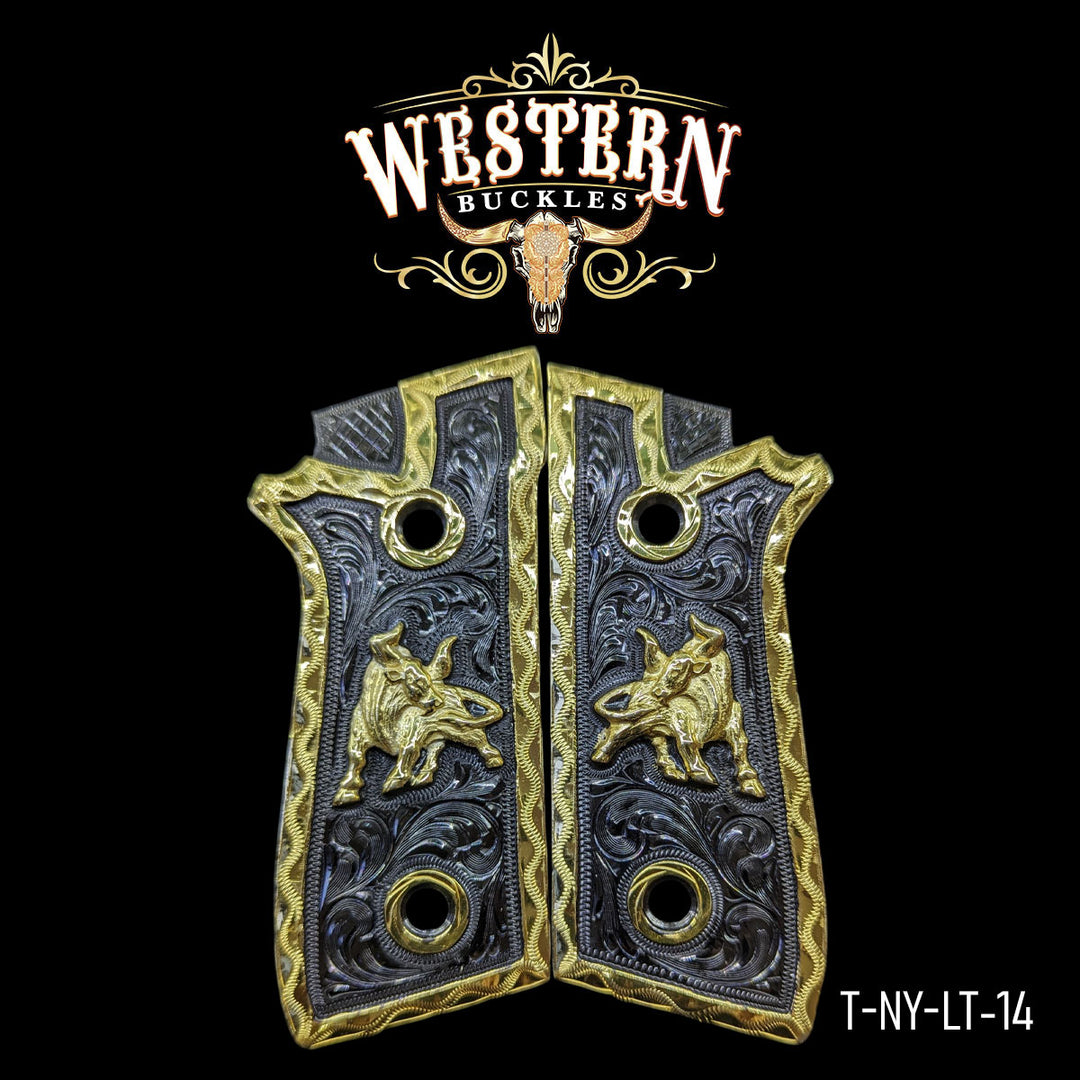 Taurus Gun Grips — Hand-Engraved | 24K Gold Plated & Nickel | Handcrafted by Western Buckles | SKU T-NY-LT-14