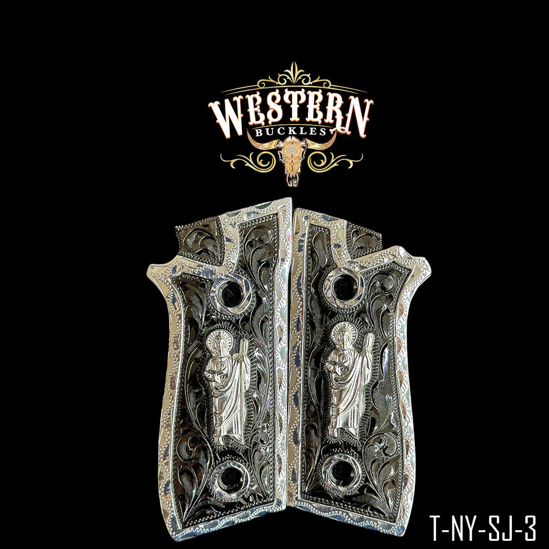 Taurus PT92 Saint Jude Gun Grips — .925 Silver Plated & Nickel | Handcrafted by Western Buckles | SKU T-NY-SJ-3