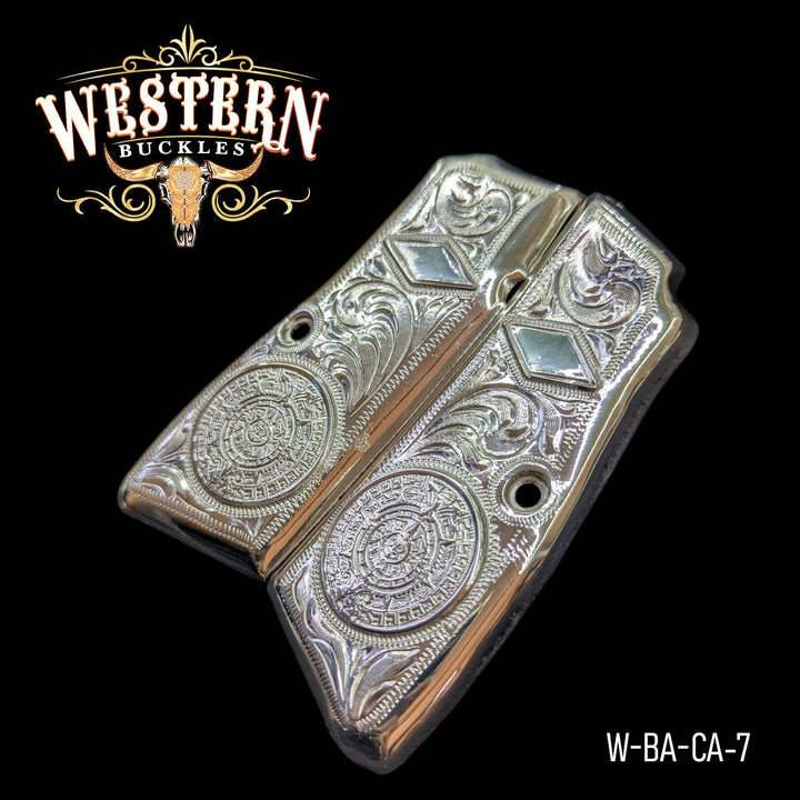 Browning HP Aztec Calendar Gun Grips — Hand-Engraved | .925 Silver Plated — Detail View | Western Buckles Handcrafted | SKU W-BA-CA-7