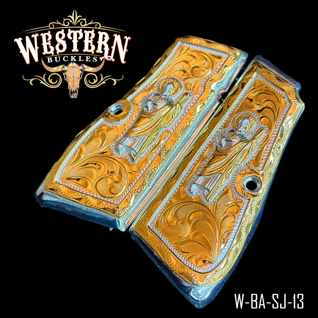 Browning HP San Judas Gun Grips — Detail View | Western Buckles Handcrafted | SKU W-BA-SJ-13