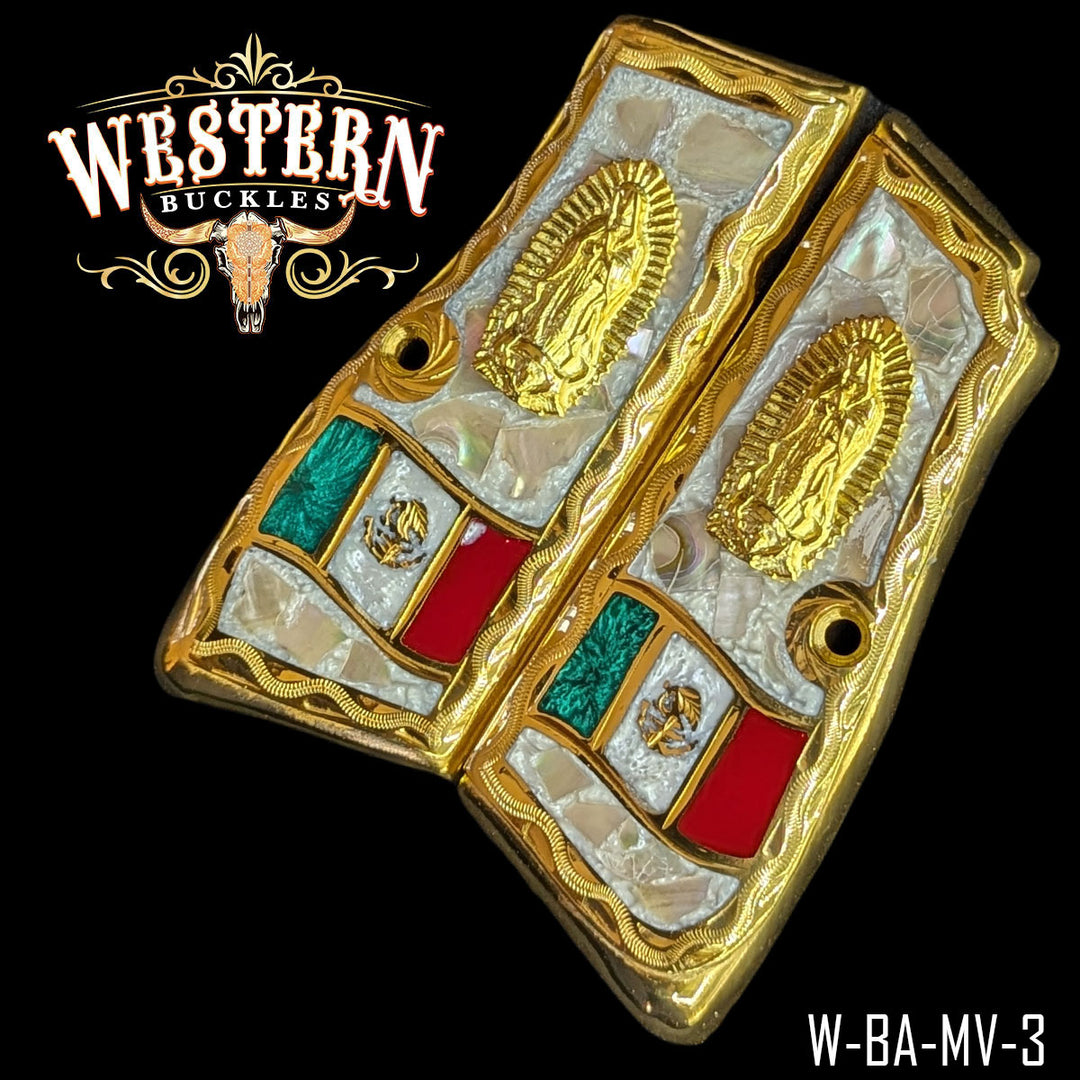 Browning HP Virgin of Guadalupe Mexican Flag Cachas — Detail View | Western Buckles Handcrafted | SKU W-BA-VN-3