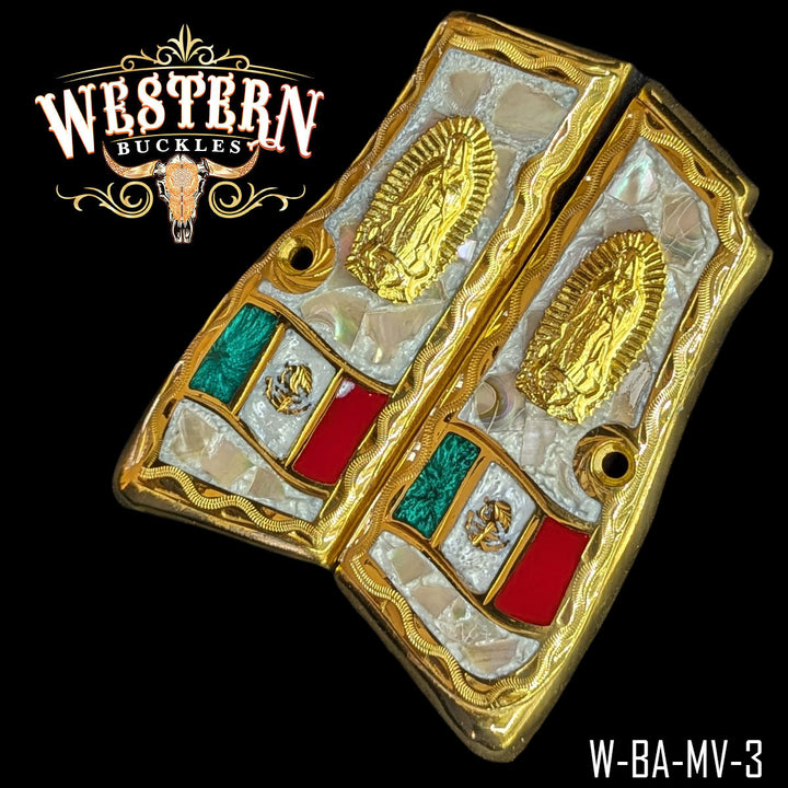 Browning HP Virgin of Guadalupe Mexican Flag Cachas — Detail View | Western Buckles Handcrafted | SKU W-BA-VN-3